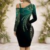 Women Plus Size Asymmetrical Cold Shoulder Long Sleeve Printed Green Black Bodycon Dress