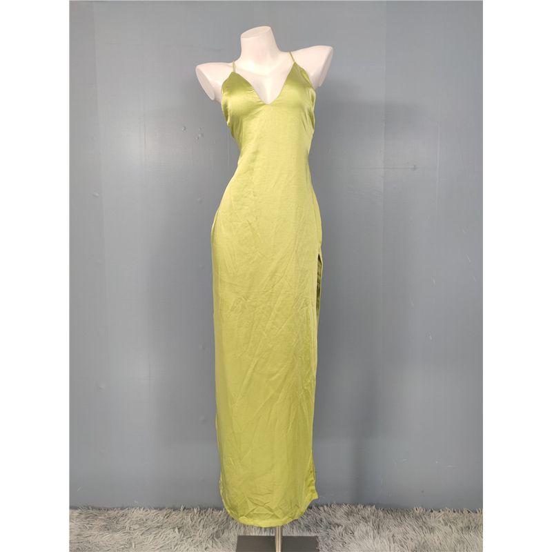 

Foreign Trade Order High-Quality Texture Fairy White Lace-up Waist Hugging Design Sling Split Sexy Sheath Long dress Dress Light Green XXS