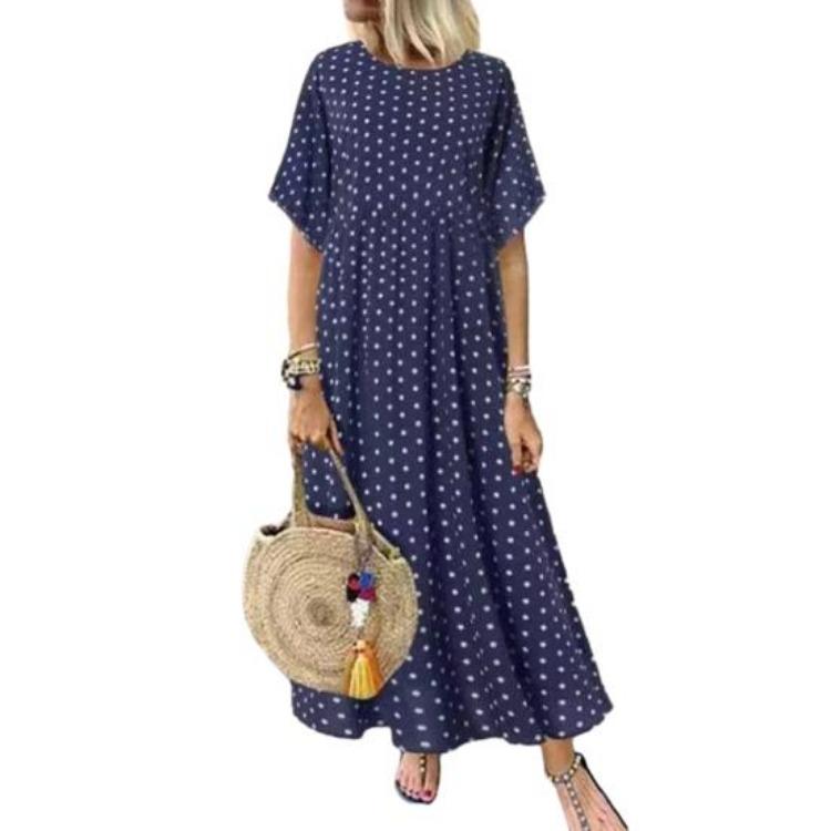 Summer Maxi Dress Women Casual Short Sleeve Crew Neck Long Beach Sundress Dot Print Pleated Swing Dress
