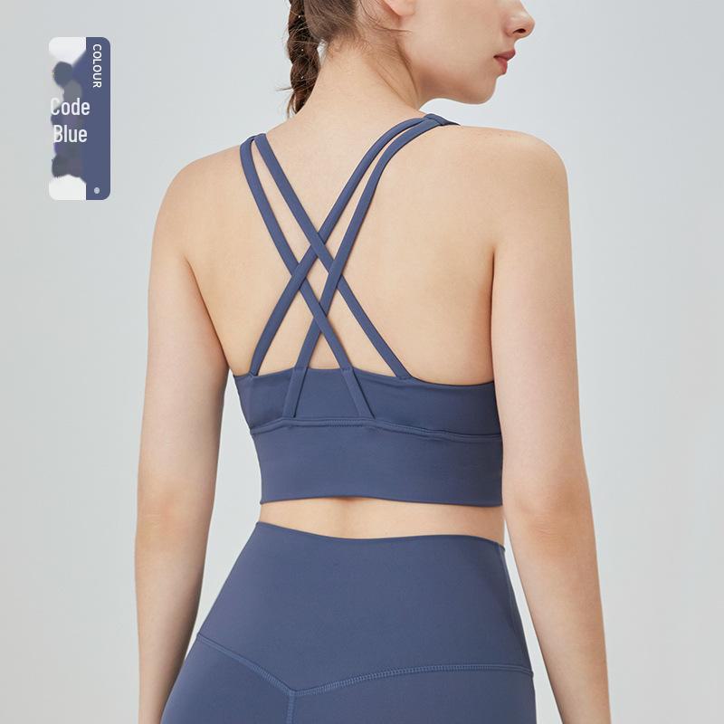 European-American Style Cross-Back Sports Vest: Shock-Absorbing Gathered Sports Bra & Nude Yoga Top for Women