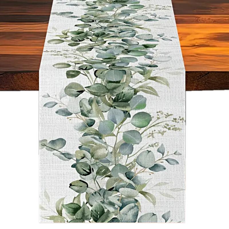 1PC Eucalyptus Leaves Spring Summer Linen Rectangular Table Runner Home Party Decor Green Plant Design