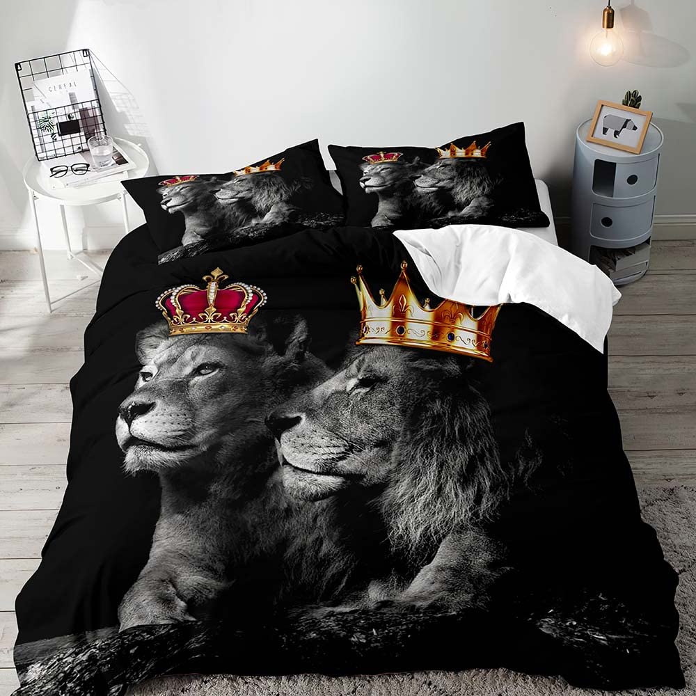 3PCS Lion King & Quen Beding Set, African Safari Animal Black Beding, Warm Comforter Cover, Bedrom Decor for Couples Ful Sized Dimensions