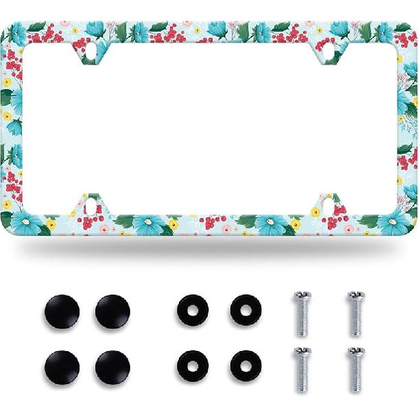 Colorful Flowers License Plate Frame Colorful Wildflower Floral License Plate Frames Stainless Steel Accessories Cars Decor With 4 Holes And Screws