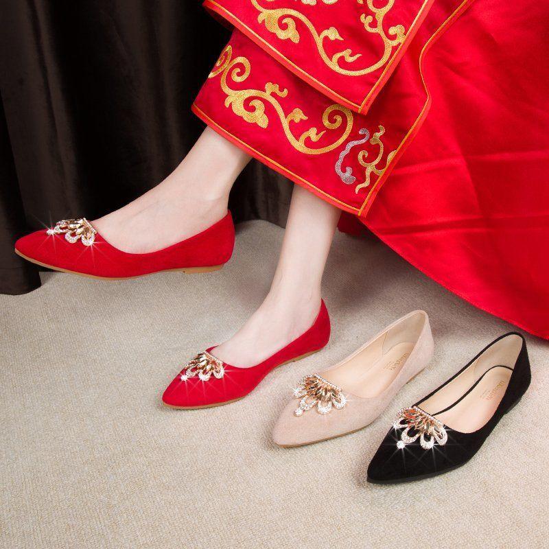 Ladies Footwear Pointed Toe Bride Rhinestone Red Women's Flat Shoes Non Slip Y2k Quick Delivery Wholesale Casual Vacation Spring