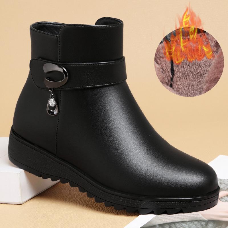 Mother Warm Cotton Shoes Women Winter Velvet Fleece Side Zip Thick Bottom Short Boots Leisure Round Head Flats Boots