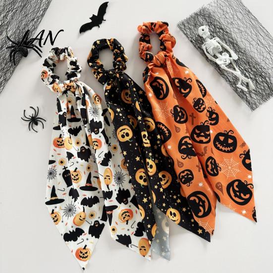 Non-damaging Hair Tie Halloween Satin Scrunchies for Women, Funny Pumpkin Printed Elastic Ties, Silky Accessory Soft Ponytail Holders, Decorative