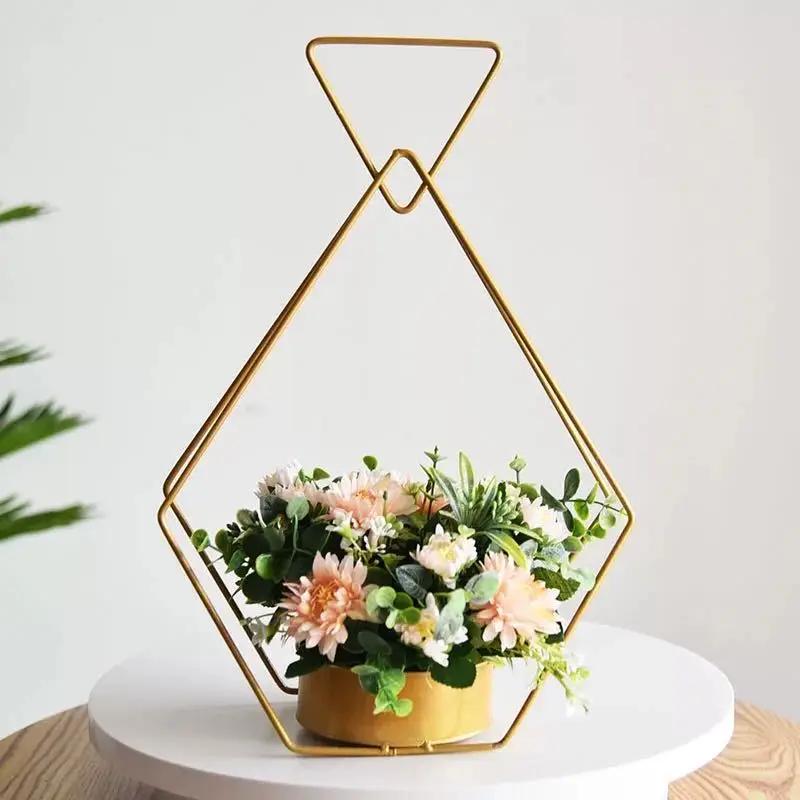 For Home Decoration Metal Flower Basket Holder with Handle Iron Storage Baskets Metal Tabletop Planter Display Stand