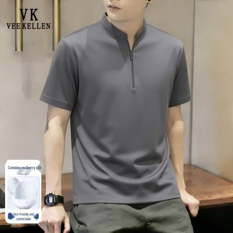 VEE KELLEN Men s Silk Blend Half-Zip Polo T-Shirt 2XL серый