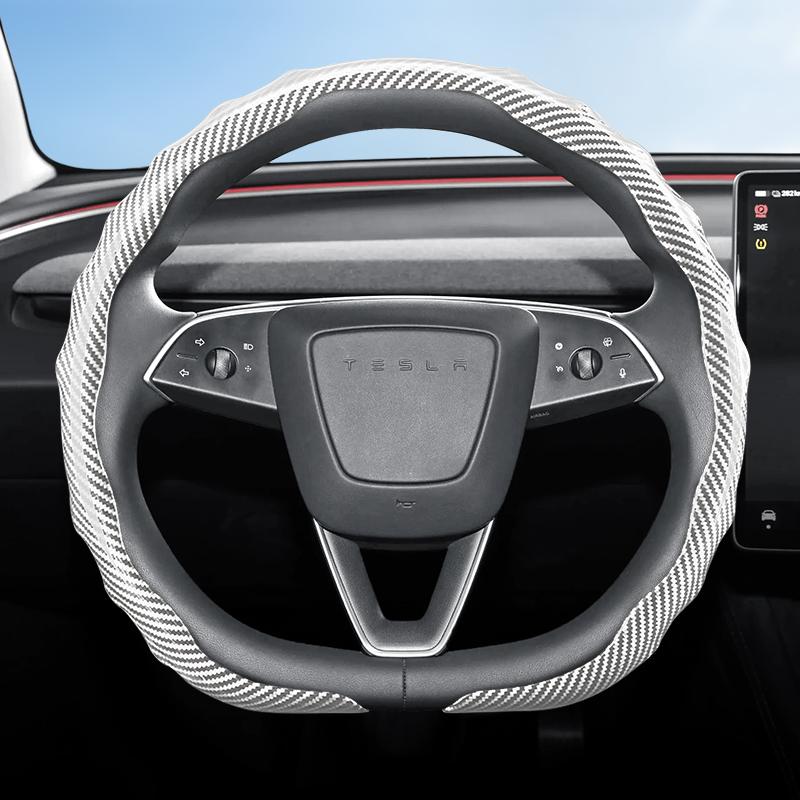 Suitable for Tesla Carbon Fiber Texture Steering Wheel Cover, Snap-On Wave-Shaped Sporty Design, Durable Protective Case Suitable for Model 3 Y S X
