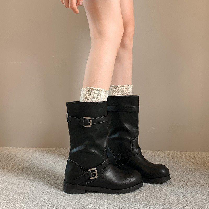 Autumn and winter boots sleeve retro new fashionable fashion flat single boots belt buckle short boots women's round head