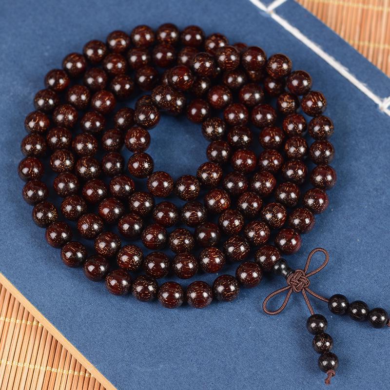 Zambia Rosewood & Blood Sandalwood Bracelet - 108 Beads Rosary with Gold Star & Pterocarpus Santalinus Buddhist Prayer String