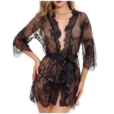 Mode Frauen Sexy Morgenmantel Babydoll Spitze Dessous Gürtel + G-string Bademantel