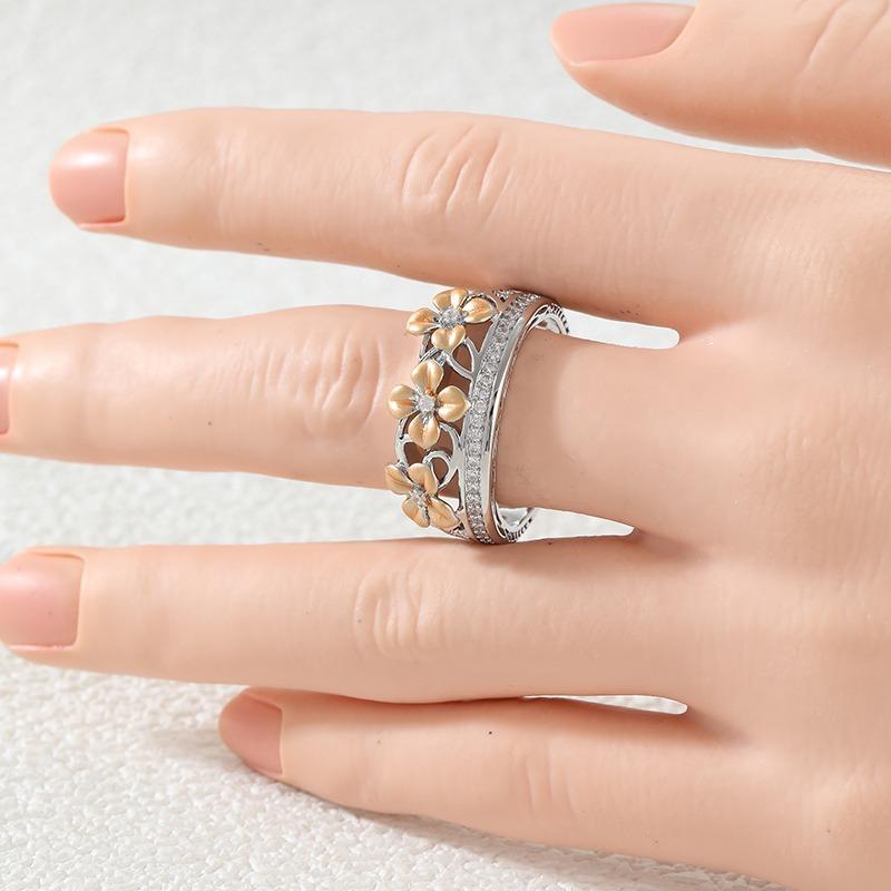 Vintage Inlaid White CZ Flower Women's Ring Trendy Two Color Geometry Daily Wear Party Jewelry Anniversary Gift