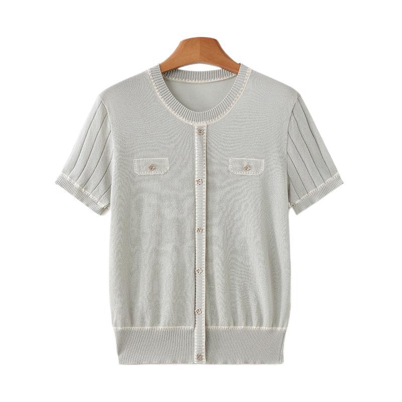 Mom's French Style Ice Silk Knit Top, Short Sleeve, Versatile & Stylish T-shirt for Middle-Aged Women, New Summer Fashion.