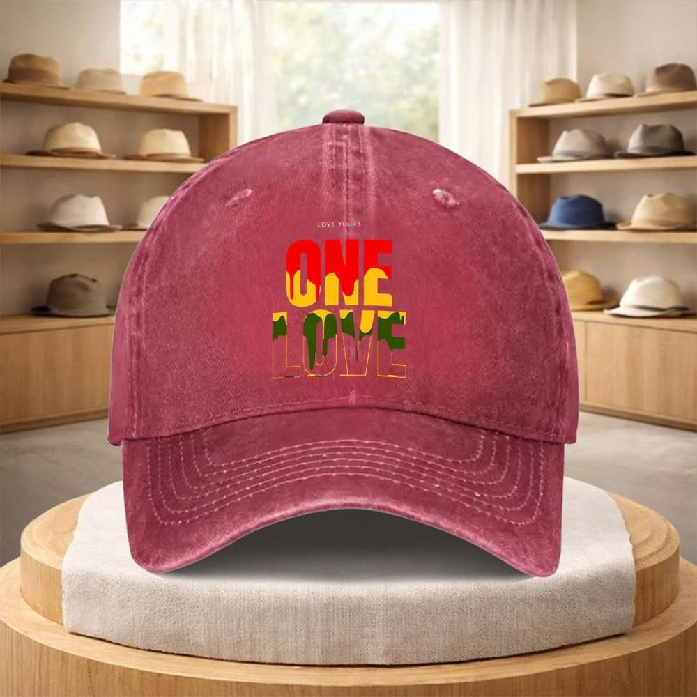 One Love Reggae Print Washed Baseball Cap Adjustable Cotton Outdoor Sports Hat Unisex