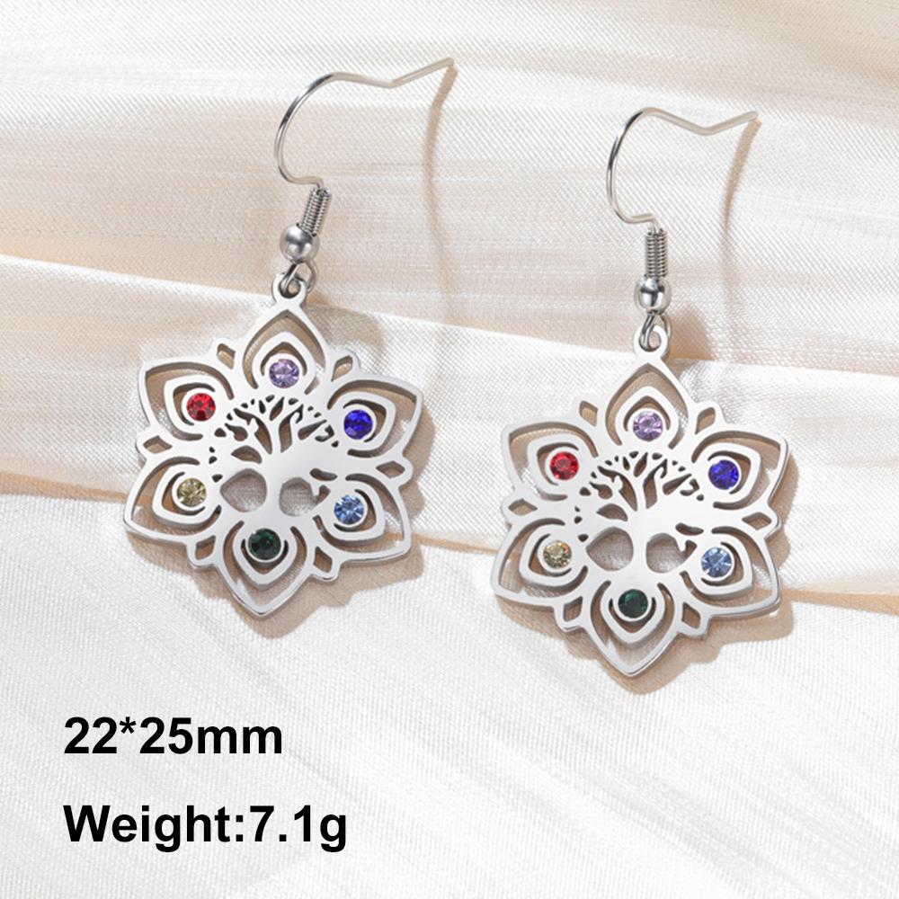 Chakra Lotus Mandala Earrings Tree of Life Colorful Zircon Stainless Steel Dangle Earrings Spiritual Jewelry Yoga Meditation