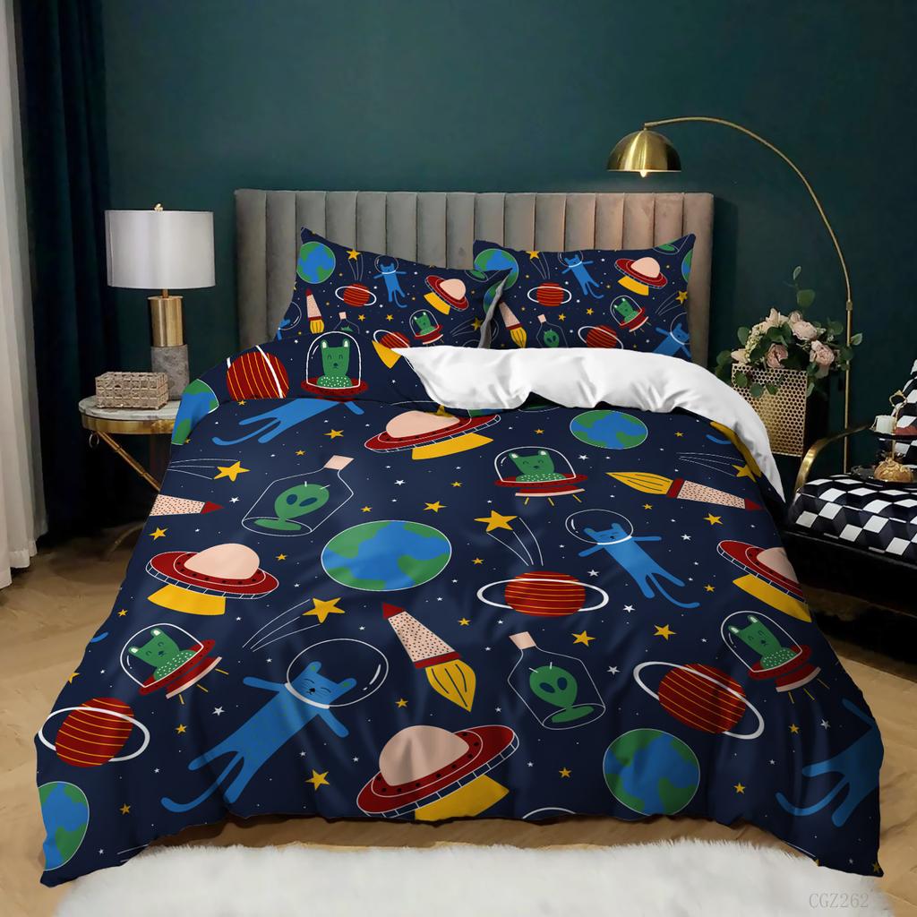 Comforter Astronomy Bedding Set - Colorful Spacecraft For Boys & Kids Outer Space Adventure Theme King Size