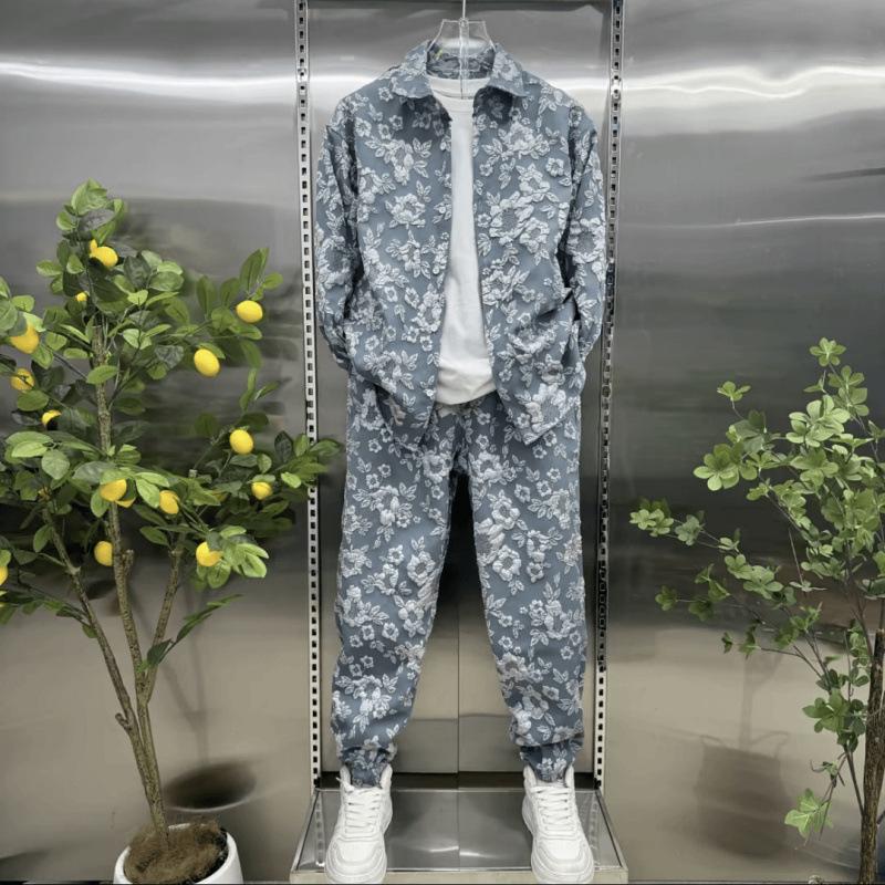 Men's Autumn Embossed Print Casual Shirt and Pants Set