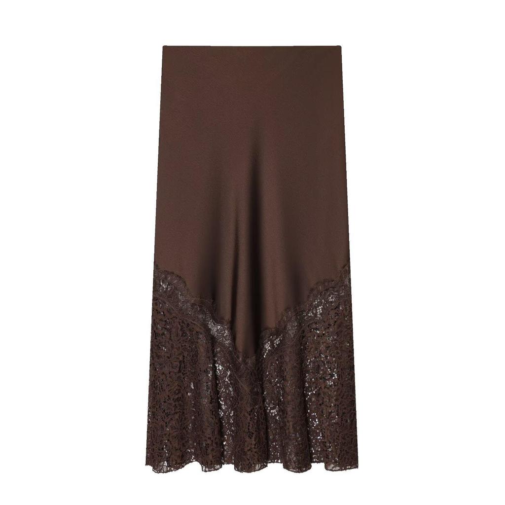 2026 European Style Women's Mid-Length Lace Silk Satin Skirt
