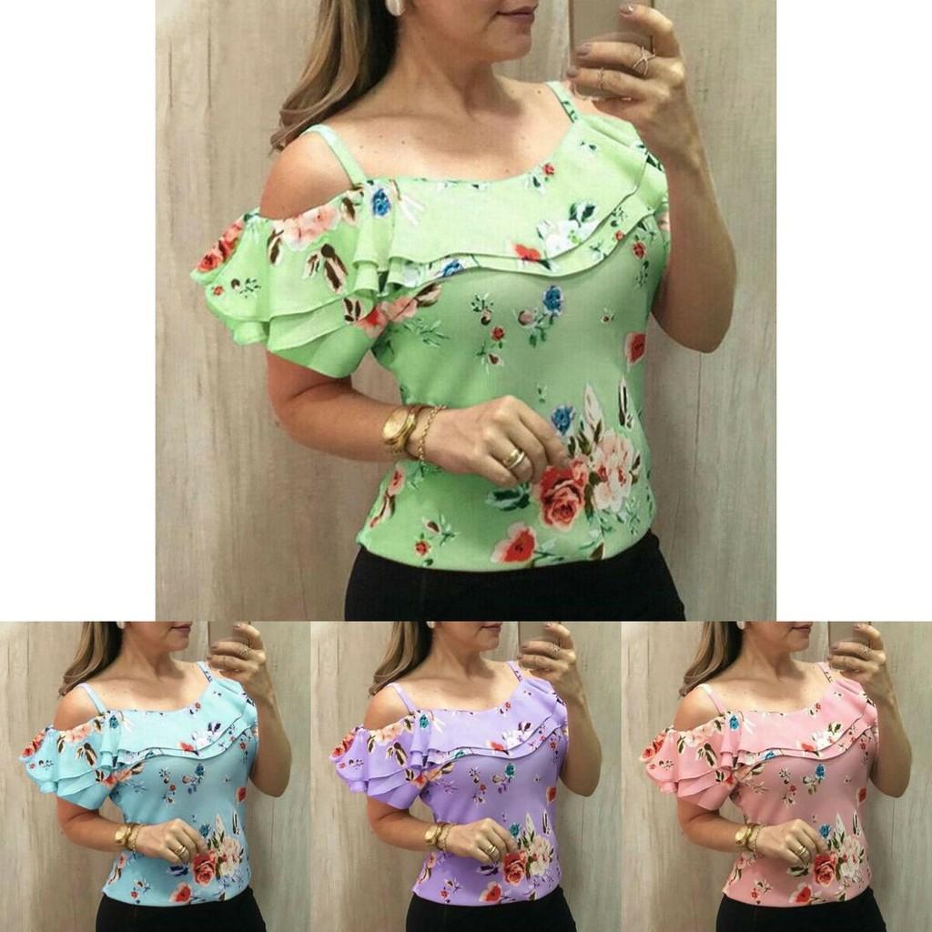 Floral Print Women Cold Shoulder Tops Summer Beach Tank Tops Vest Shirt Blouses