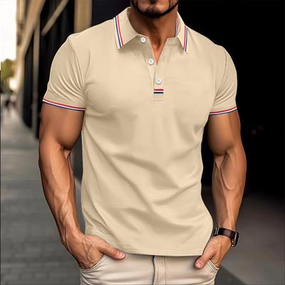 Men's Korean-Style Casual Color Block Versatile Polo Shirt Lapel Piping Button Short-Sleeve Top