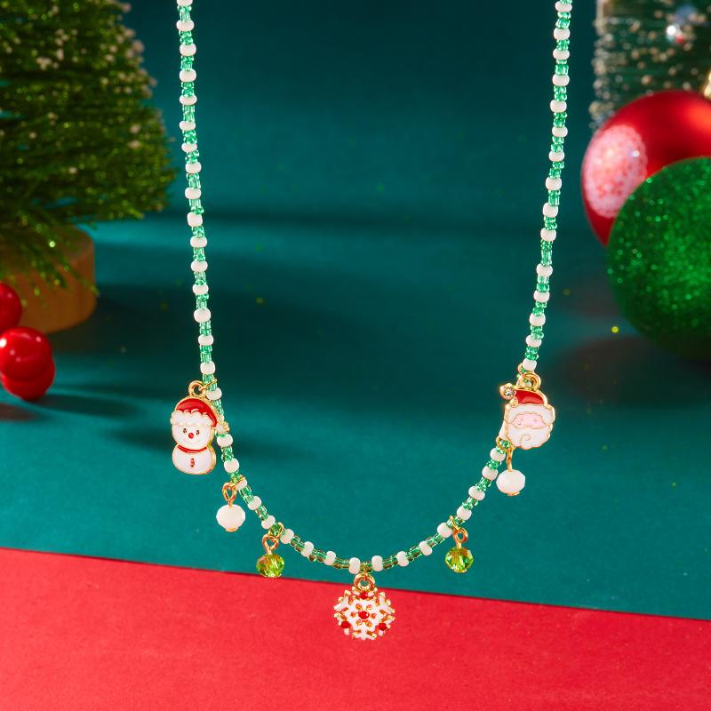 Christmas Necklaces for Women Girls Handmade Rice Beads X'mas Tree Santa Claus Snowman Gift Necklace Pendant New Year Jewelry