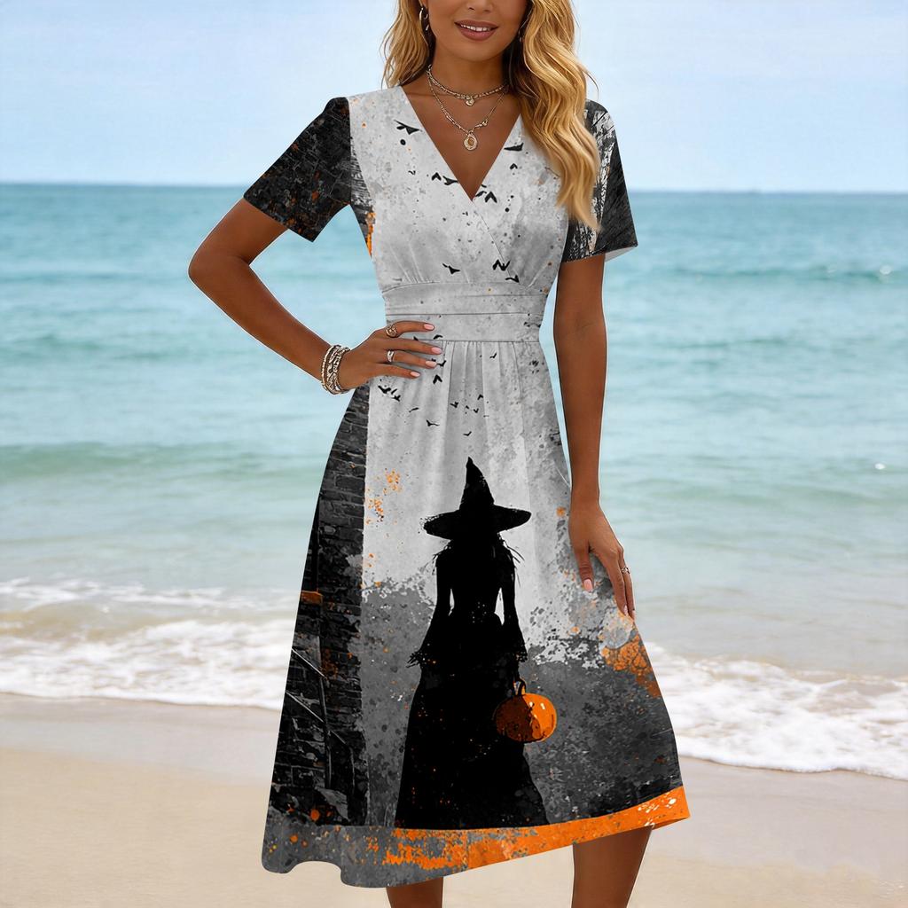 Womens Casual V Neck Short Sleeve Dress Halloween Print Midi Dress Comfortable Fit Lightweight Fabric Suitable for Daily Wear