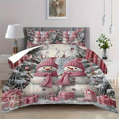Weihnachts-Schneemann-Bettbezug-Set mit rosa Hüten - 3-teiliges Polyester-Bettwäscheset (1 * Bettbezug + 2 * Kissenbezüge), Weich Komfortabel
