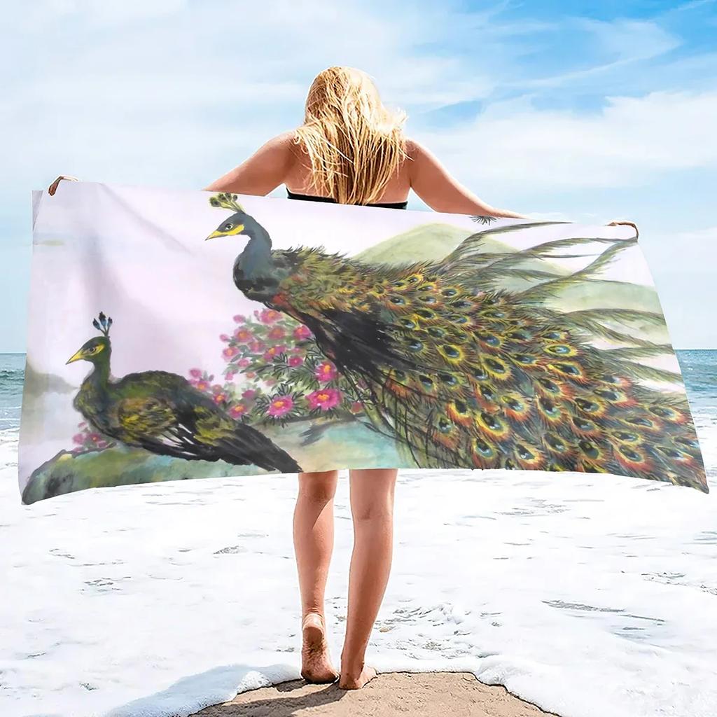 Peacock Beach Towel, Absorbent Quick Dry Sand Free Microfiber Compact Travel Beach Towel, Sandless Lightweight Beach Towel