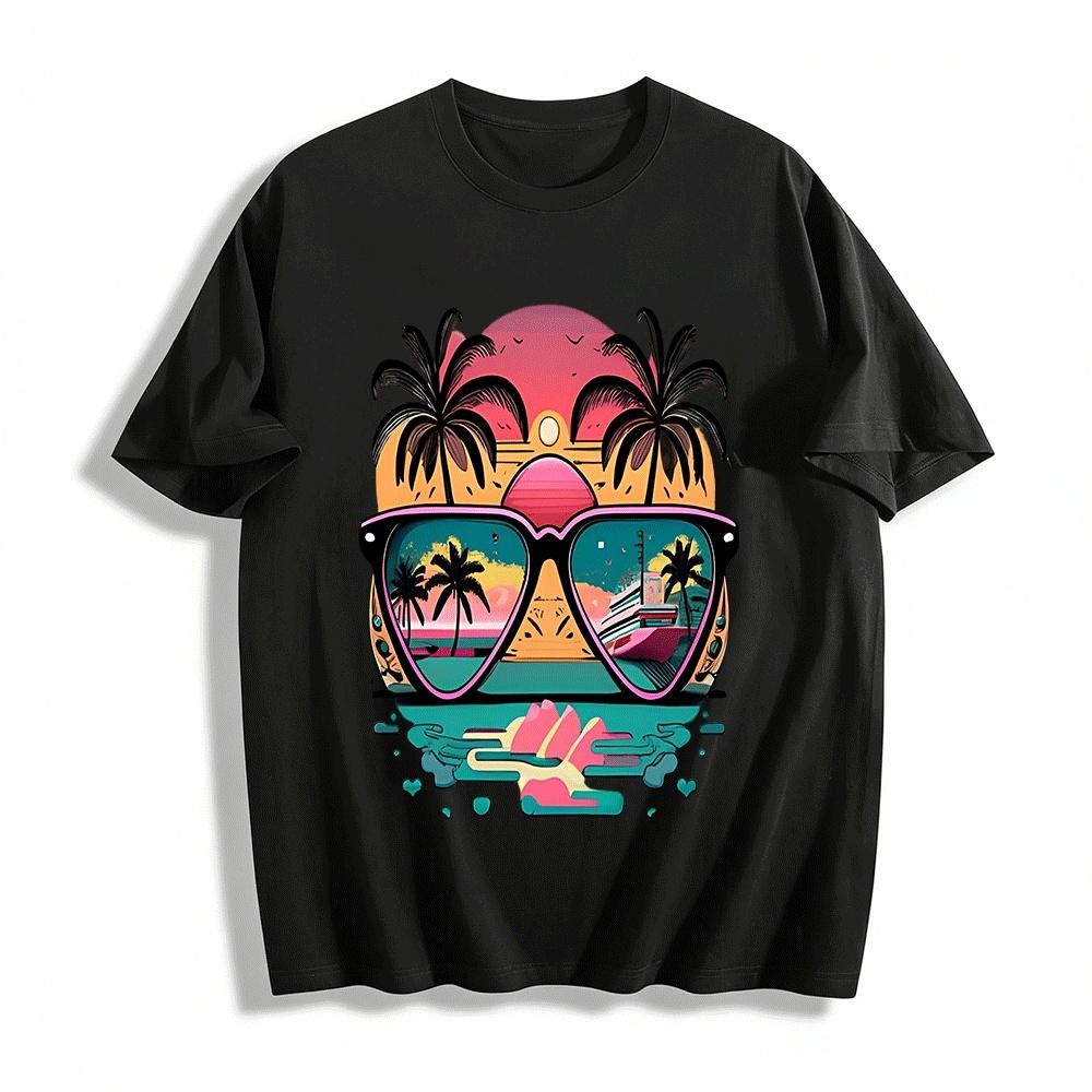 Vintage Sunset Sunglasses Coconut Tree Print Casual Tee Pure cotton T-shirt XXS