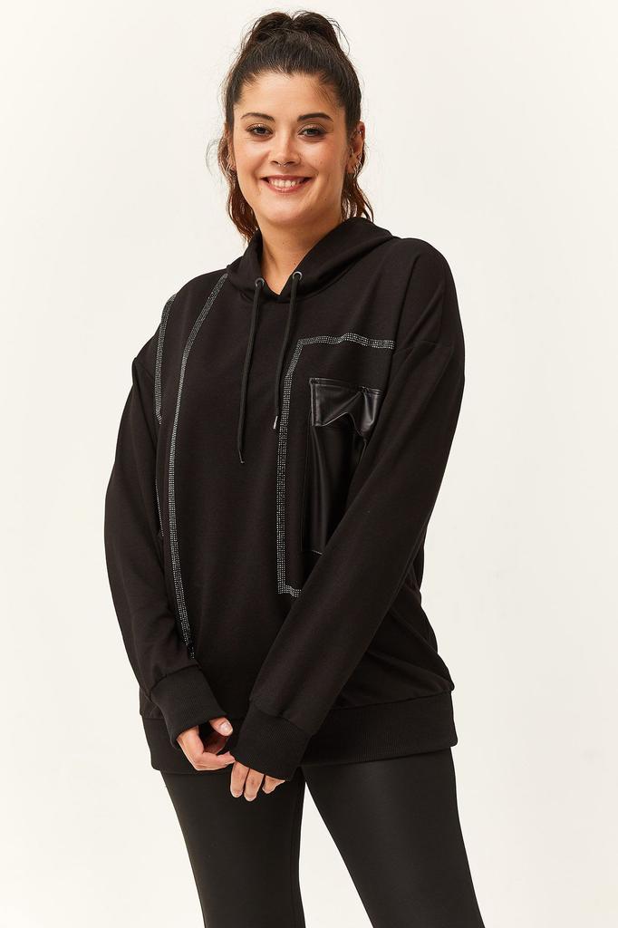 Stil Femei Hanorac Mărime Mare Hanorac Mărime Mare cu Buzunar din Piele Detaliat cu Pietre Brodate Negru