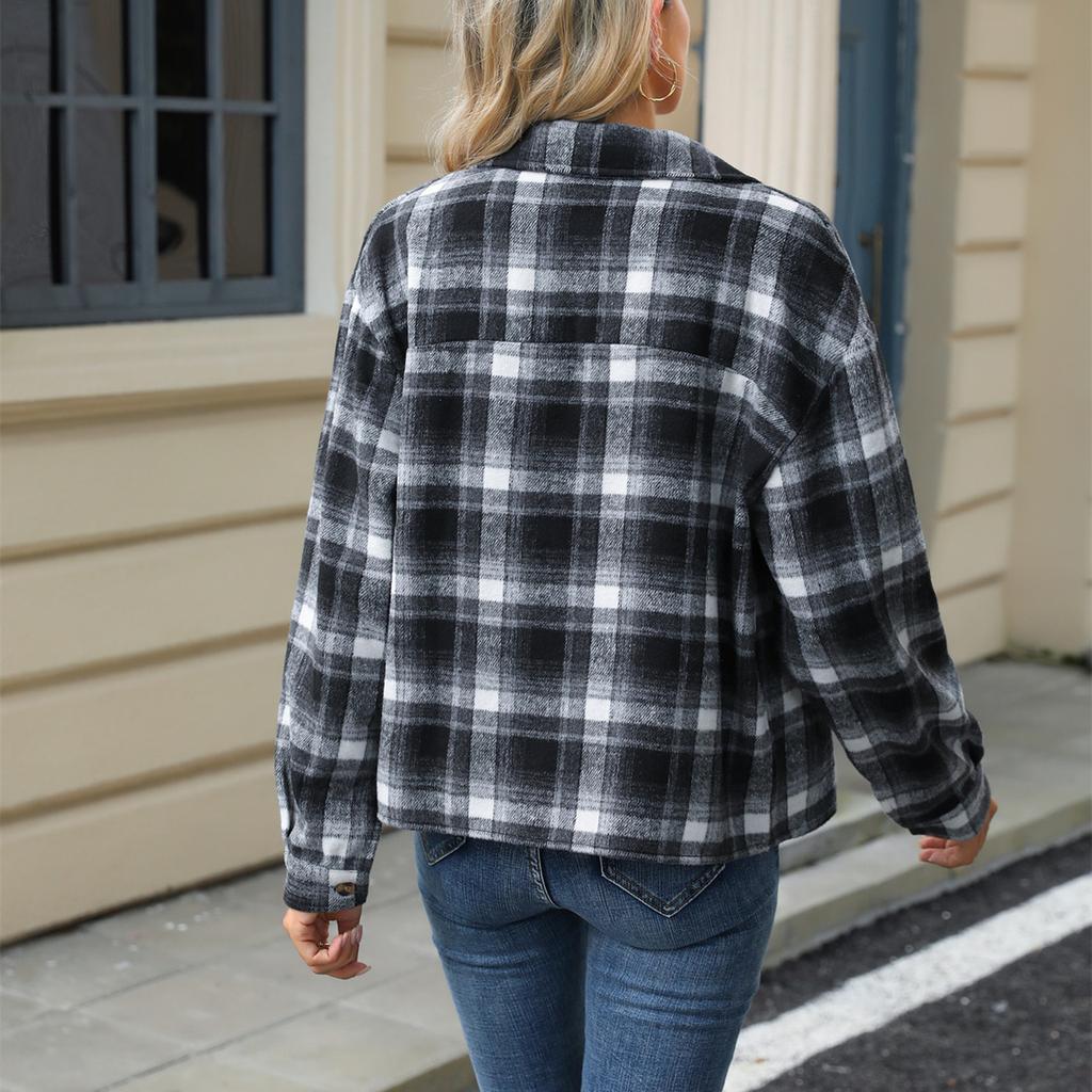 HNXC Moda damska Casual Jesień Zima Kratka Nadruk Długi Rękaw POLO Kardigany