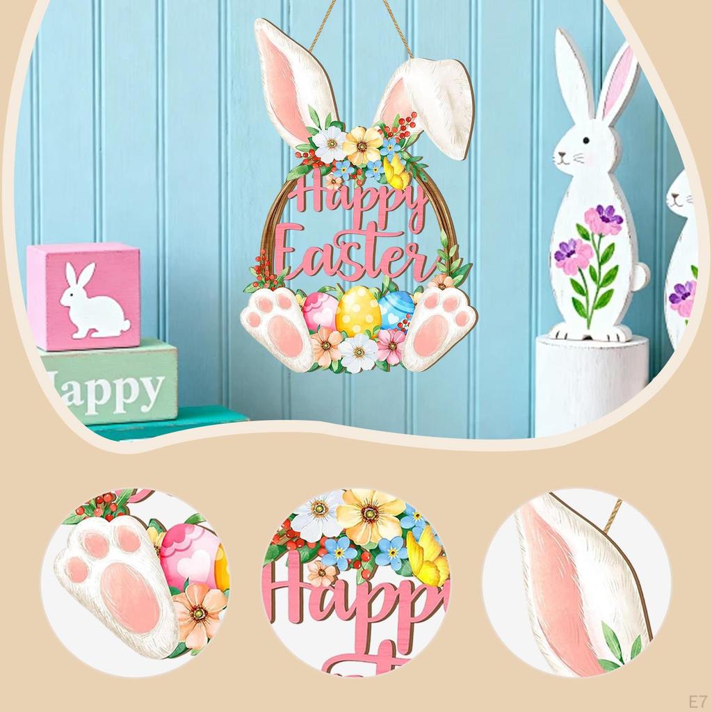 Easter Bunny Door Sign Hanger Wall Art Decor Floral Spring Eggs Hanging Plaque for