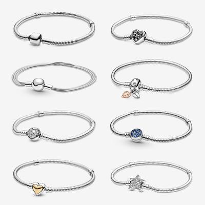 Original 925 Sterling Silver Bracelet Star Heart Clasp Snake Chain Rose Gold DIY Beads Charms Bracelets Bangles Luxury Jewelry