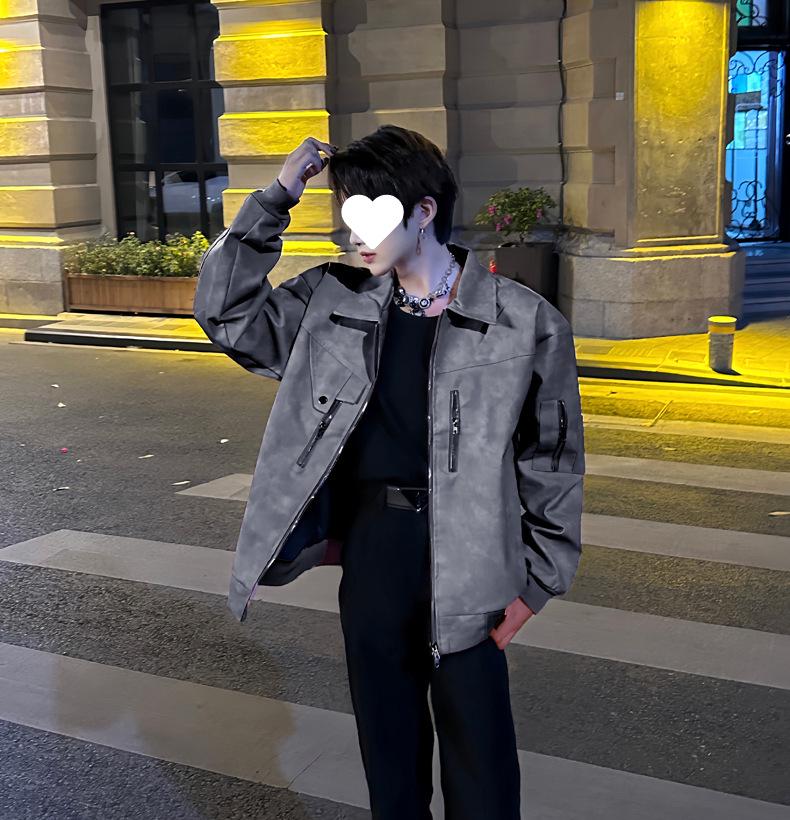 Korean Style Men's Vintage American Leather Biker Jacket - High-End Short for Spring & Autumn