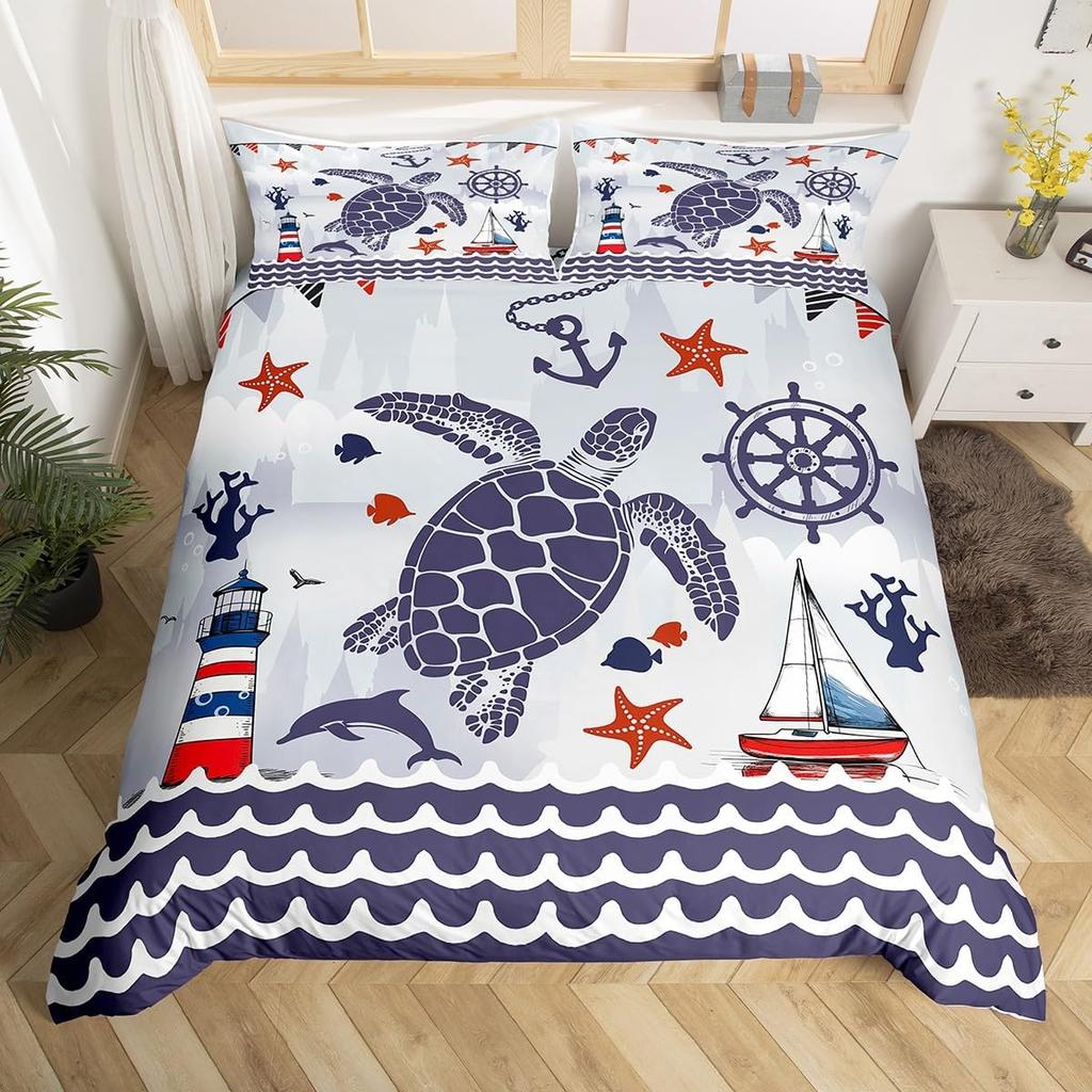 Vintage Anchor Duvet Cover Twin King, Nautical Theme Bedding Set Sailing Boat Sea Turtle Bed Cover, Compass Starfish Quilt Cover