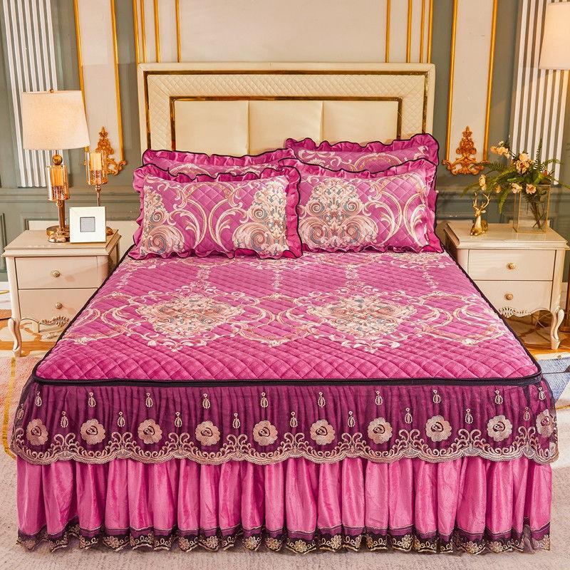 High Grade Winter Crystal Velvet Thicken Quilted Bedspread King Queen Size Flannel Quilting Bed Skirt Including Pillowcase