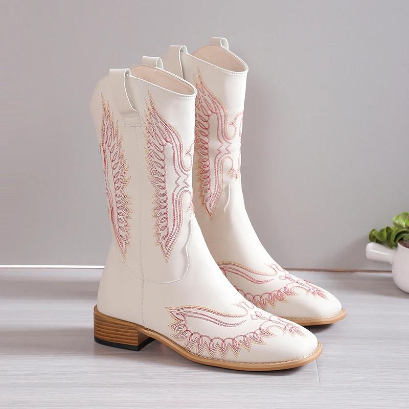 2024 Vente Chaude Chaussures pour Femmes Manchon Bottes d'Hiver pour Femmes Bout Carré Couleurs Mélangées Mi-Tige Racine Carrée Grande Taille Bottes de Mode