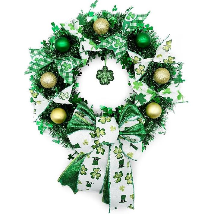 15.75" Greenery Wreath St. Patrick's Day Wreaths for Front Door Home Decor Four Leaf Clover Wreath Artificial Greenery Spring Shamrock Wreath Wall