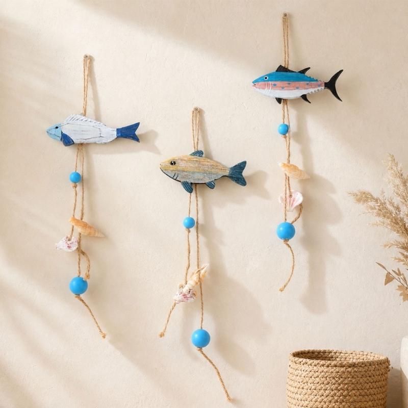 Wood Fish Wall Hanging Decors for Entryway, Bedroom, or Living Room, Ocean Theme Piece with Rope and Color Detail Trim