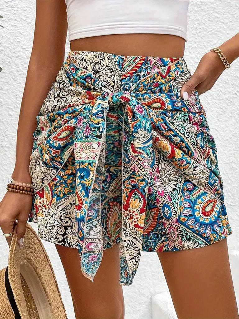 Printed High-waisted Short Pants with Bohemian Style Front Tie Shorts