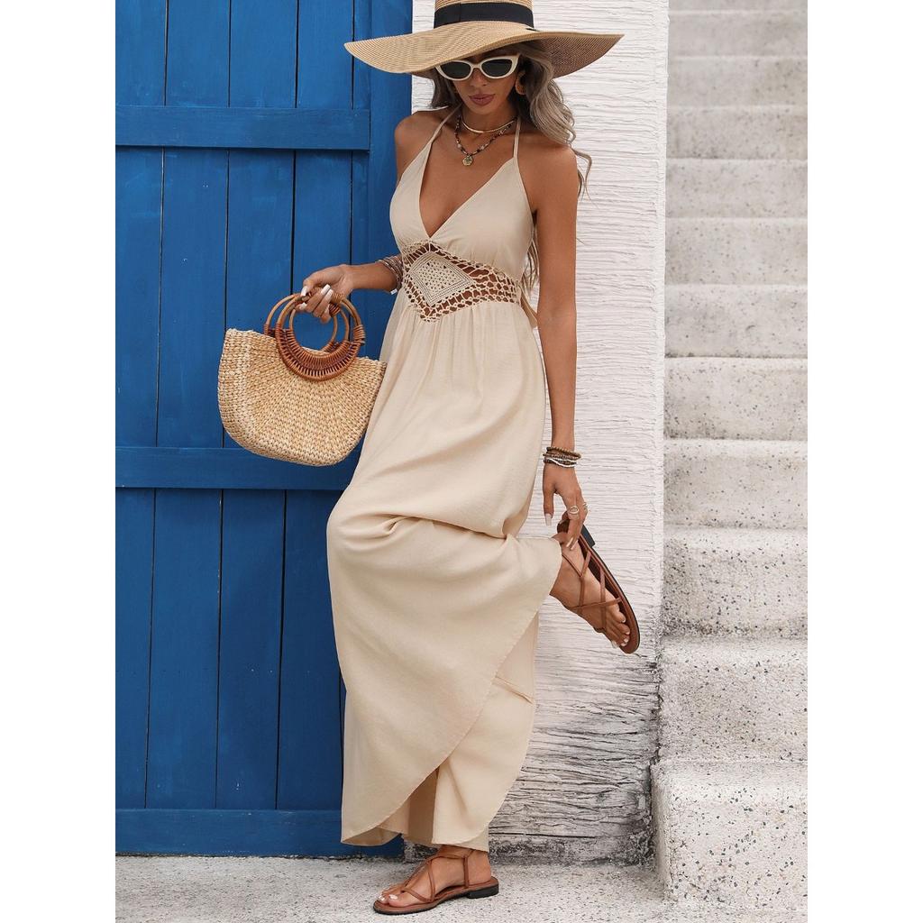 New Backless Bow Halter Neck Long Dress Casual Vacation Style Dress