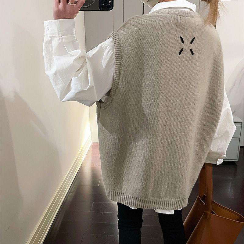 Vest for kvinner Bomull Vinter Ermeløse topper Strikket genser vest Fortykket Dobbelt rad med knapper Casual V-hals vest