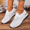 Comfortable Sneakers Autumn New Round Toe Deep Mouth Cover Foot Mesh Breathable Rhinestone Non-Slip Mid Heel Single