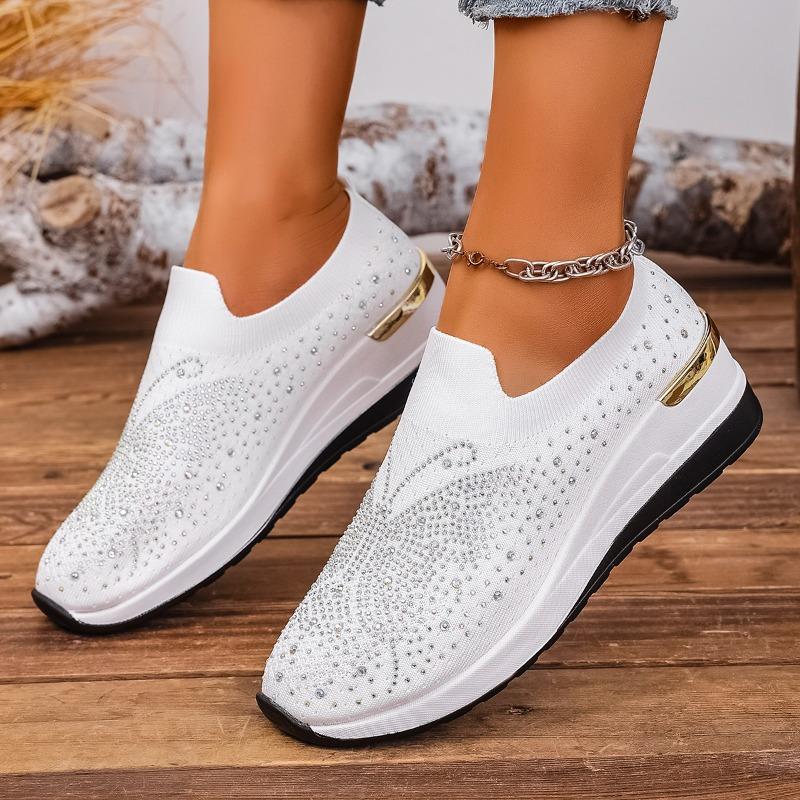 Comfortable Sneakers Autumn New Round Toe Deep Mouth Cover Foot Mesh Breathable Rhinestone Non-Slip Mid Heel Single