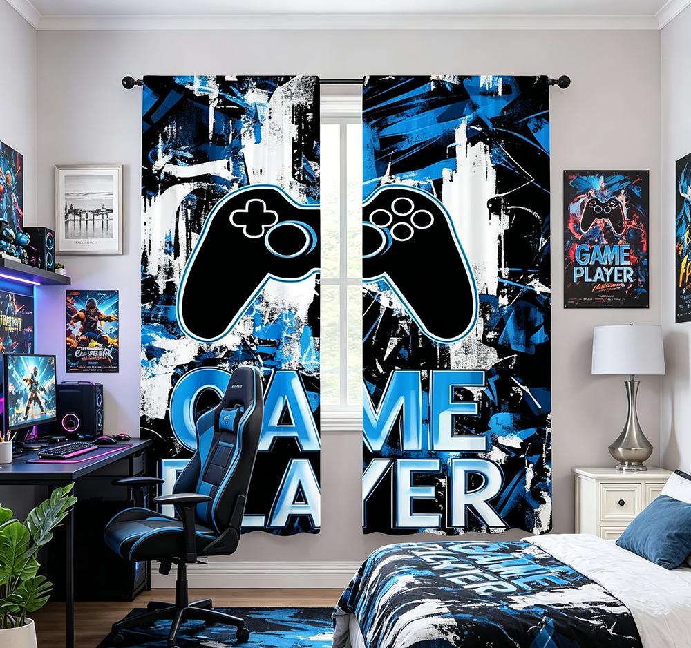 2PCS Digital Printed Curtains, Ink Blue