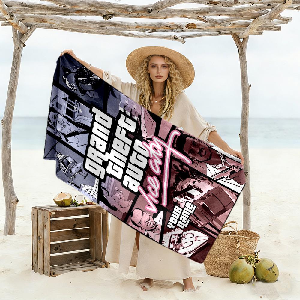 Grand Theft Auto Personalized Text Beach Towel Super Soft & Absorbent Ideal for Travel Outdoor Swim Pool Yoga Surf Camping Hiking Gym Gift Holiday