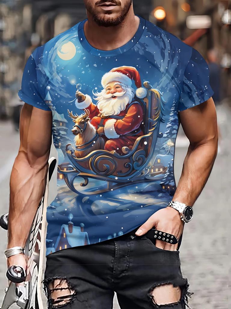 Men's Christmas T-Shirt 3D Print Santa Claus Reindeer Short Sleeve Casual Tee Top