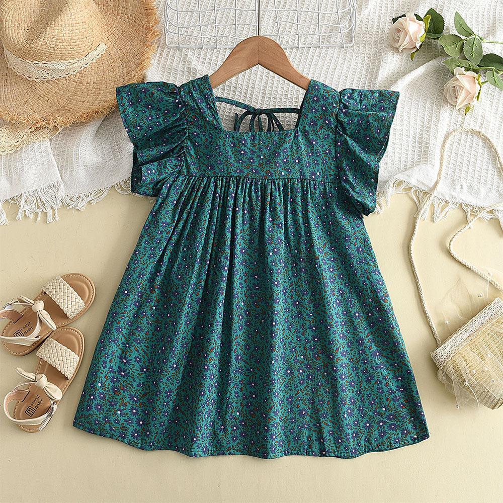 Girls Ruffled Square Neck Floral Dress Summer Vacation Sweet Princess Dress For Little And Medium Kids Fashion Children Clothing 90cm зелёный