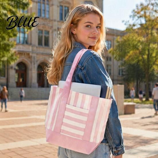 Sac fourre-tout élégant en toile rayée Réutilisable pour les courses Grande capacité Poche avant Sac à bandoulière pour le shopping Pique-nique Trajets Quotidien